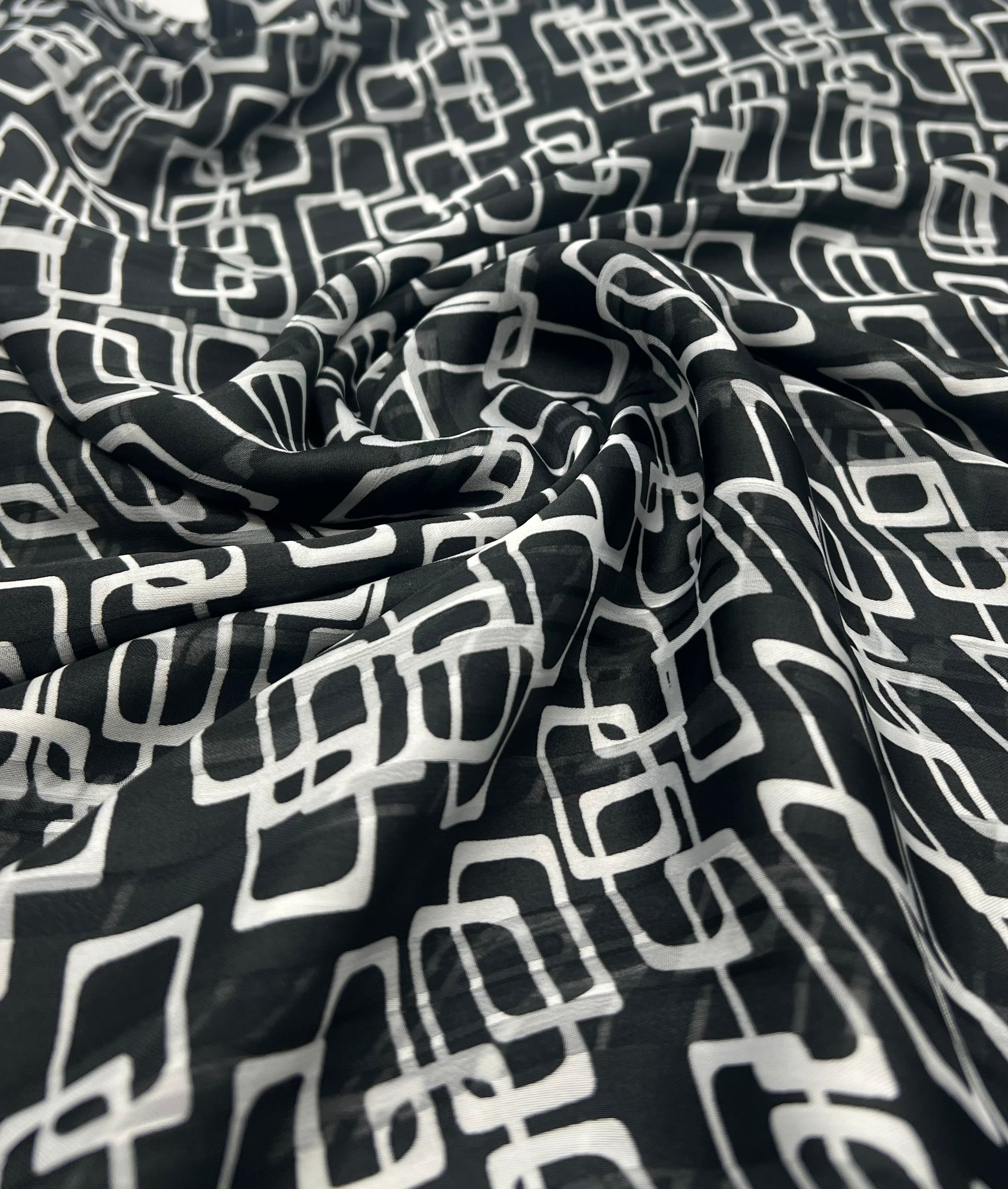 Black White Rectangles Printed Chiffon Dress Fabric